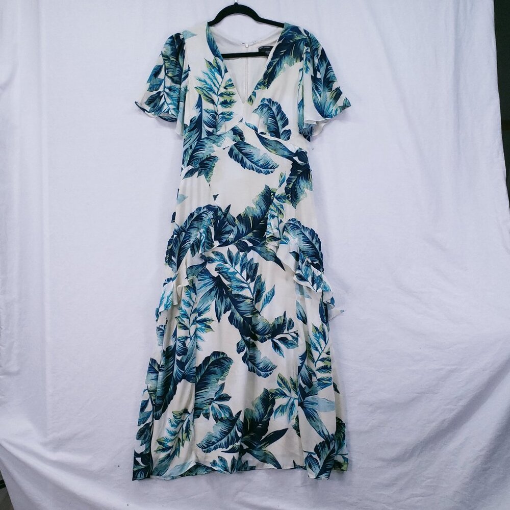 Maggy London Multicolor Hawaiian Tropical V Neck Ruffled Accents Maxi Dress 8